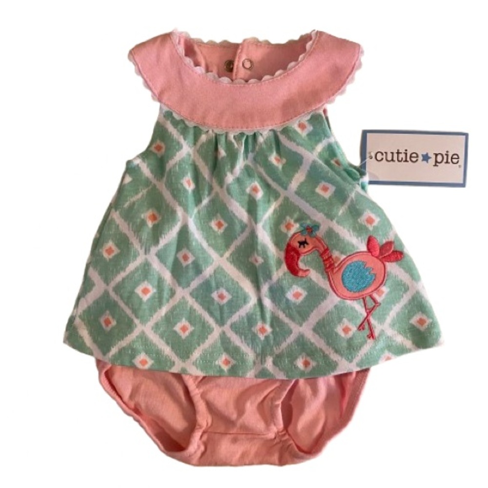 Cutie Pie Infant 2 Pc Diaper Cover & Top Sz 3-6 mos Pink & Green Cotton Flamingo